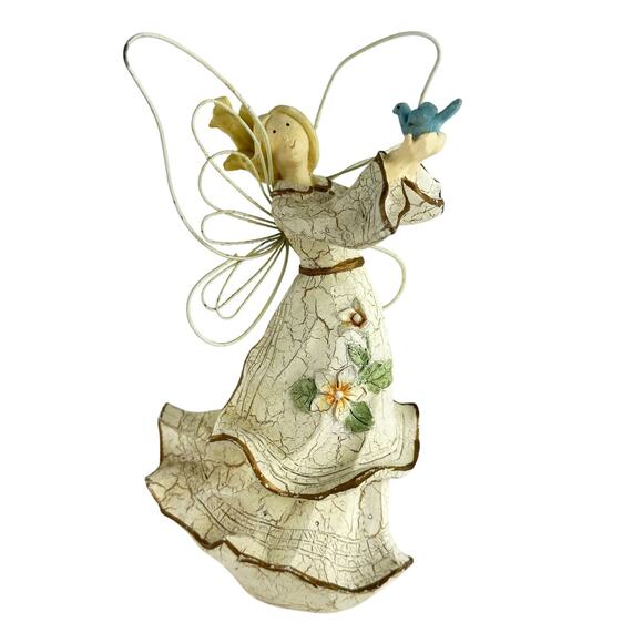 Vintage Tender Hearts Angel Figurine with Bluebird, Wire Wings, Crackle Finish - Picture 15 of 16